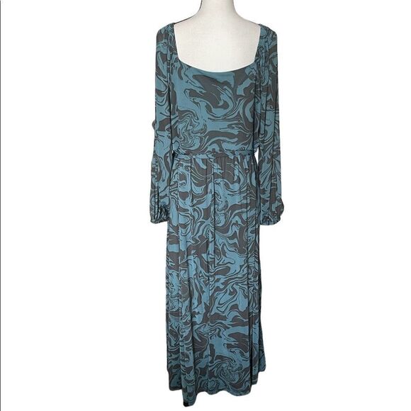 NWOT Ava & Viv Blue & Gray Balloon Sleeve Cinched Swirl Print Mesh Maxi Dress - Picture 5 of 6